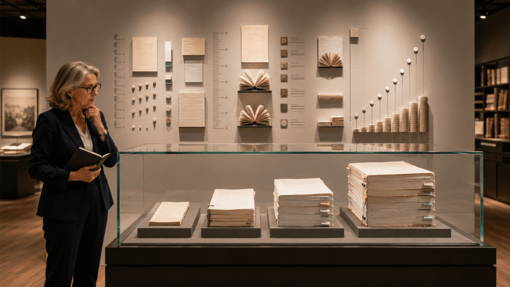 Museum style exhibit with nonfiction manuscript stacks arranged from shortest to longest in a glass case, while an experienced editor studies them with a notebook.