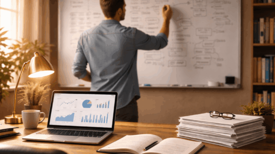 Author seen from behind in a cozy workspace, planning a book marketing strategy on a whiteboard, with a laptop showing charts and a stack of manuscripts on the desk.