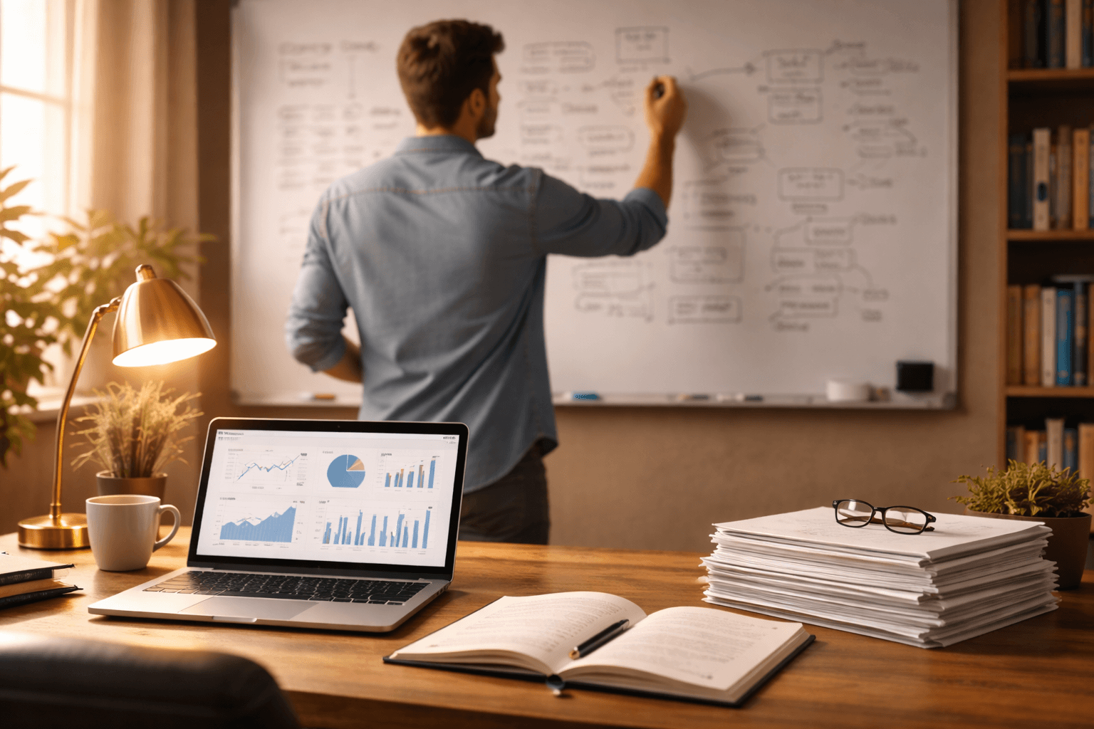 Author seen from behind in a cozy workspace, planning a book marketing strategy on a whiteboard, with a laptop showing charts and a stack of manuscripts on the desk.