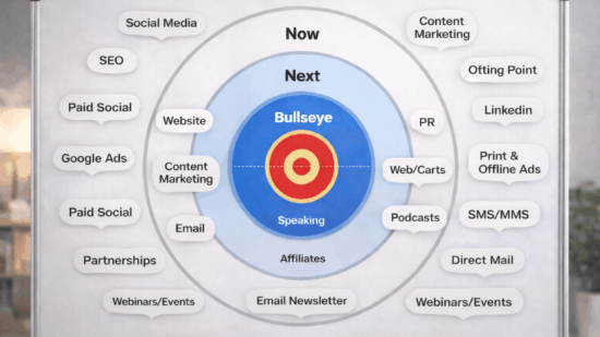 Whiteboard diagram of 19 marketing channels grouped in concentric rings labeled “Now,” “Next,” and “Bullseye,” using the Bullseye Framework strategy. Central target highlights high-priority channels like Speaking and Affiliates. Ideal for content marketing, lead generation, and startup growth planning.
