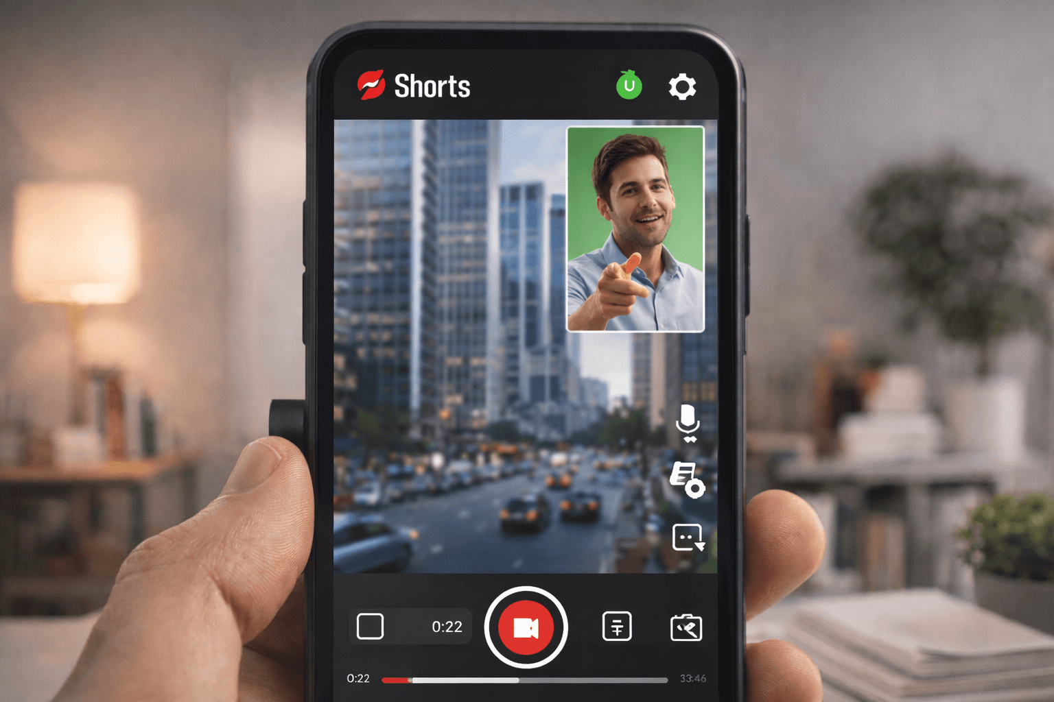 Close-up of smartphone displaying YouTube Shorts interface with clear recording icons and a picture-in-picture of a male creator over a cityscape background, in a bright, modern studio — vertical video content creation using green screen effects.