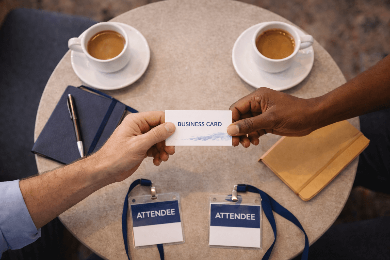 Overhead view of two professionals exchanging a business card labeled “Business Card” at a round table in a hotel lounge. The table features coffee cups, notebooks, pens, and event name badges, capturing a casual yet professional networking moment.