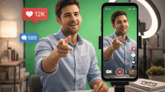 Confident author filming vertical reaction video on smartphone with green screen, surrounded by social media icons for likes and comments, in a bright studio with minimalist decor, content creation and personal branding setup for social growth.