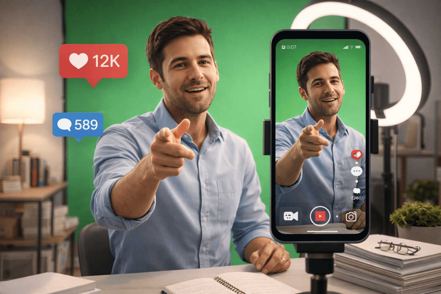 Confident author filming vertical reaction video on smartphone with green screen, surrounded by social media icons for likes and comments, in a bright studio with minimalist decor, content creation and personal branding setup for social growth.