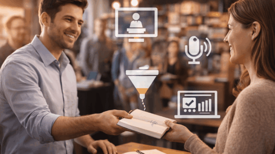 Author signing book for happy client at a live event, with overlay icons for speaking engagements, webinars, sales funnels, and podcasting — personal brand growth and book marketing strategy in action.