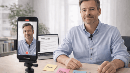 Confident male author records vertical short-form video using a smartphone on a tripod, wearing a lapel mic at a desk. Laptop screen shows an email newsletter draft, with sticky notes labeled “Hook,” “Story,” and “3 Secrets” on the desk, bright natural light and clean modern workspace emphasize content creation and marketing strategy.