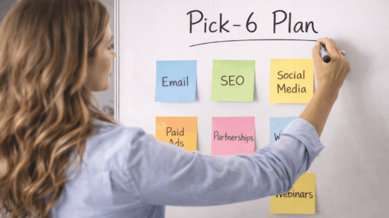 Female entrepreneur writing “Pick-6 Plan” on a whiteboard with six colorful sticky notes labeled Email, SEO, Social Media, Paid Ads, Partnerships, and Webinars — strategic marketing planning concept in a modern business setting.