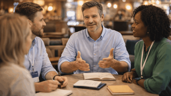 Candid photo of a male author in a light blue shirt speaking with three event attendees at a hotel lobby table, with notebooks and name badges visible. Warm ambient lighting and shallow depth of field create a professional yet casual networking atmosphere — ideal for author events, workshops, or mastermind sessions.