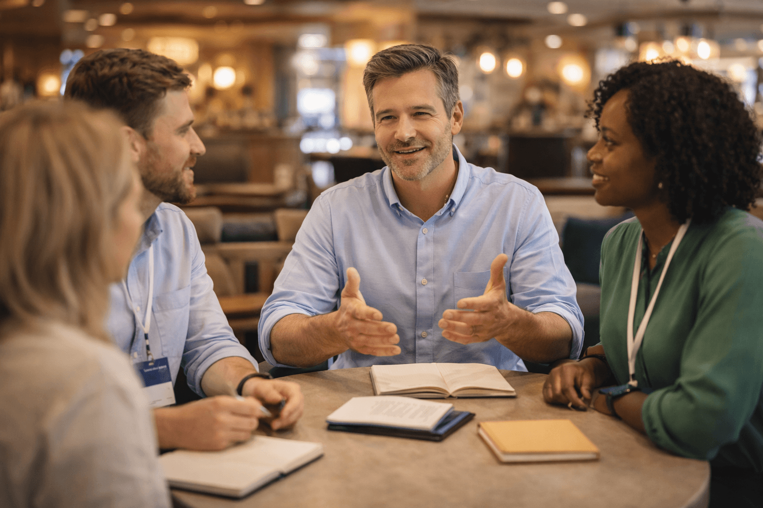 Candid photo of a male author in a light blue shirt speaking with three event attendees at a hotel lobby table, with notebooks and name badges visible. Warm ambient lighting and shallow depth of field create a professional yet casual networking atmosphere — ideal for author events, workshops, or mastermind sessions.