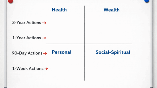 A clean whiteboard is divided into four labeled quadrants: “Health” (top left), “Wealth” (top right), “Personal” (bottom left), and “Social-Spiritual” (bottom right). Along the left side, four red arrows point right, each labeled with a different time horizon: “3-Year Actions,” “1-Year Actions,” “90-Day Actions,” and “1-Week Actions.” At the bottom of the whiteboard are red, green, blue, and black markers. The board is framed with gray corners and magnets, creating a simple and organized planning layout.
