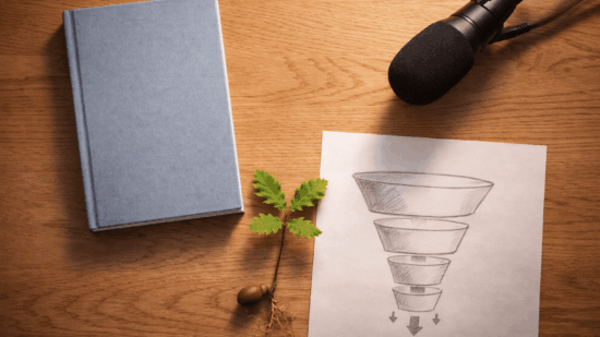 Elegant flat-lay of a blue hardcover book, a small oak tree sprout with visible roots and acorn, a black podcast microphone, and a pencil-sketched funnel diagram on a warm wooden desk — symbolizing growth, voice, and strategy in publishing or content marketing.