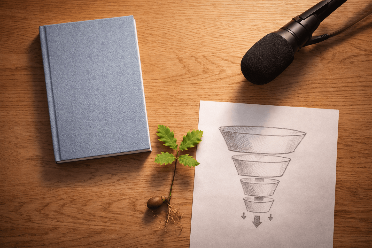 Elegant flat-lay of a blue hardcover book, a small oak tree sprout with visible roots and acorn, a black podcast microphone, and a pencil-sketched funnel diagram on a warm wooden desk — symbolizing growth, voice, and strategy in publishing or content marketing.