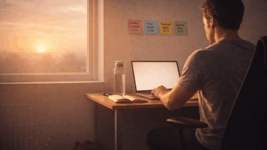 A focused male author sits at a tidy wooden desk in front of a window, illuminated by the warm glow of sunrise. He types on a laptop, with a notebook, smartphone, and water bottle neatly arranged beside him. On the wall above the desk are colorful sticky notes marking milestones: “Outline complete,” “First Draft,” “Finished Edits,” and “Launch Day.” A pair of running shoes rests under the desk, hinting at a balanced, disciplined routine. The scene is minimalist, calm, and bathed in soft, golden morning light.