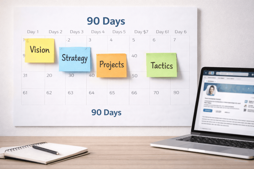 Photorealistic image of a clean 90-day wall calendar with colorful sticky notes labeled “Vision,” “Strategy,” “Projects,” and “Tactics,” aligned with key dates. A silver laptop displaying a LinkedIn profile sits on a wooden desk alongside a spiral notebook and pen. The scene is well-lit and styled with a modern, strategic, and professional planning vibe.