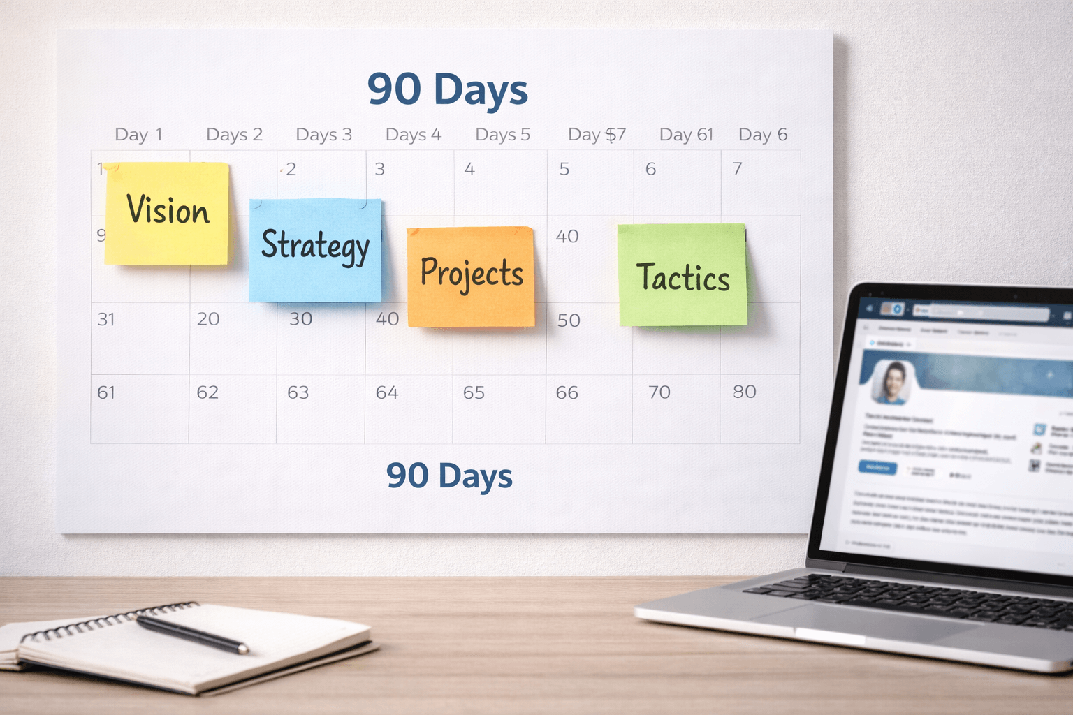 Photorealistic image of a clean 90-day wall calendar with colorful sticky notes labeled “Vision,” “Strategy,” “Projects,” and “Tactics,” aligned with key dates. A silver laptop displaying a LinkedIn profile sits on a wooden desk alongside a spiral notebook and pen. The scene is well-lit and styled with a modern, strategic, and professional planning vibe.