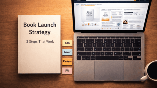 A warm flat-lay image shows a minimalist book on a wooden desk with the title Book Launch Strategy and subtitle 3 Steps That Work printed in bold black font. To the right of the book is an open silver laptop displaying an Amazon product page with A+ content modules. Four pastel sticky notes labeled “Title,” “Cover,” “Reviews,” and “PR” are arranged vertically between the book and laptop. A white coffee mug filled with black coffee sits in the bottom-right corner, creating a cozy and professional workspace vibe.