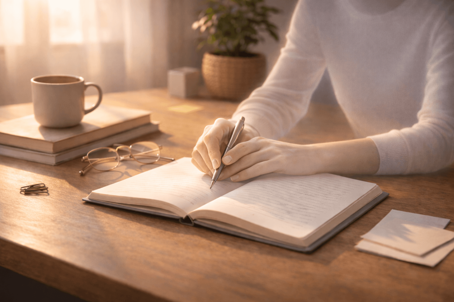Serene desk scene with an open notebook and a soft morning glow, as a faint ghosted silhouette of the writer’s “future self” gently guides their hand while writing. The minimalist workspace and warm lighting evoke clarity, intention, and personal growth through writing and reflection.