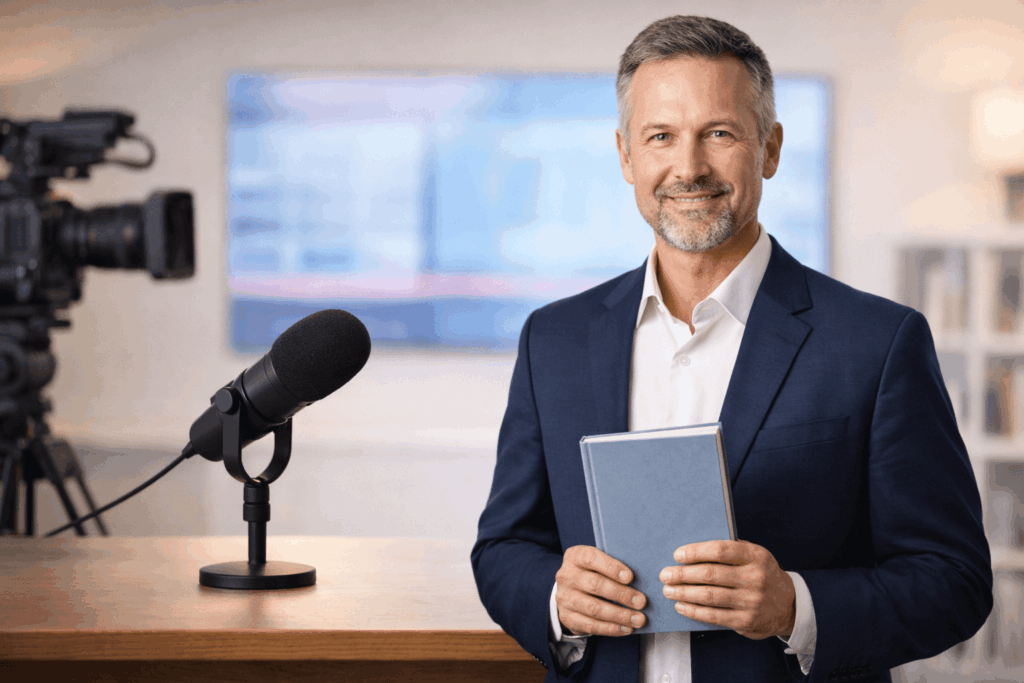 Professional male author in a navy suit holding a blank hardcover book in a bright studio setting, with a podcast microphone on a desk and a TV broadcast camera softly blurred in the background. The warm lighting, clean composition, and editorial-style backdrop convey media credibility, author authority, and high-end brand presence — ideal for a website hero image.
