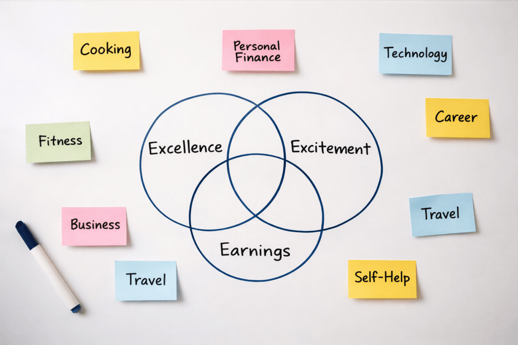 A clean whiteboard displays a Venn diagram with three overlapping blue circles labeled “Excellence,” “Excitement,” and “Earnings.” Colorful sticky notes surround the diagram, each representing a niche: “Business,” “Technology,” “Health,” “Online Marketing,” “Real Estate,” “Travel,” “Fitness,” and “Self-Improvement.” A red marker rests on the left edge of the whiteboard and a blue marker lies at the bottom right. The layout is neat and organized, visually connecting niche ideas to the intersecting themes of skill, passion, and profitability.