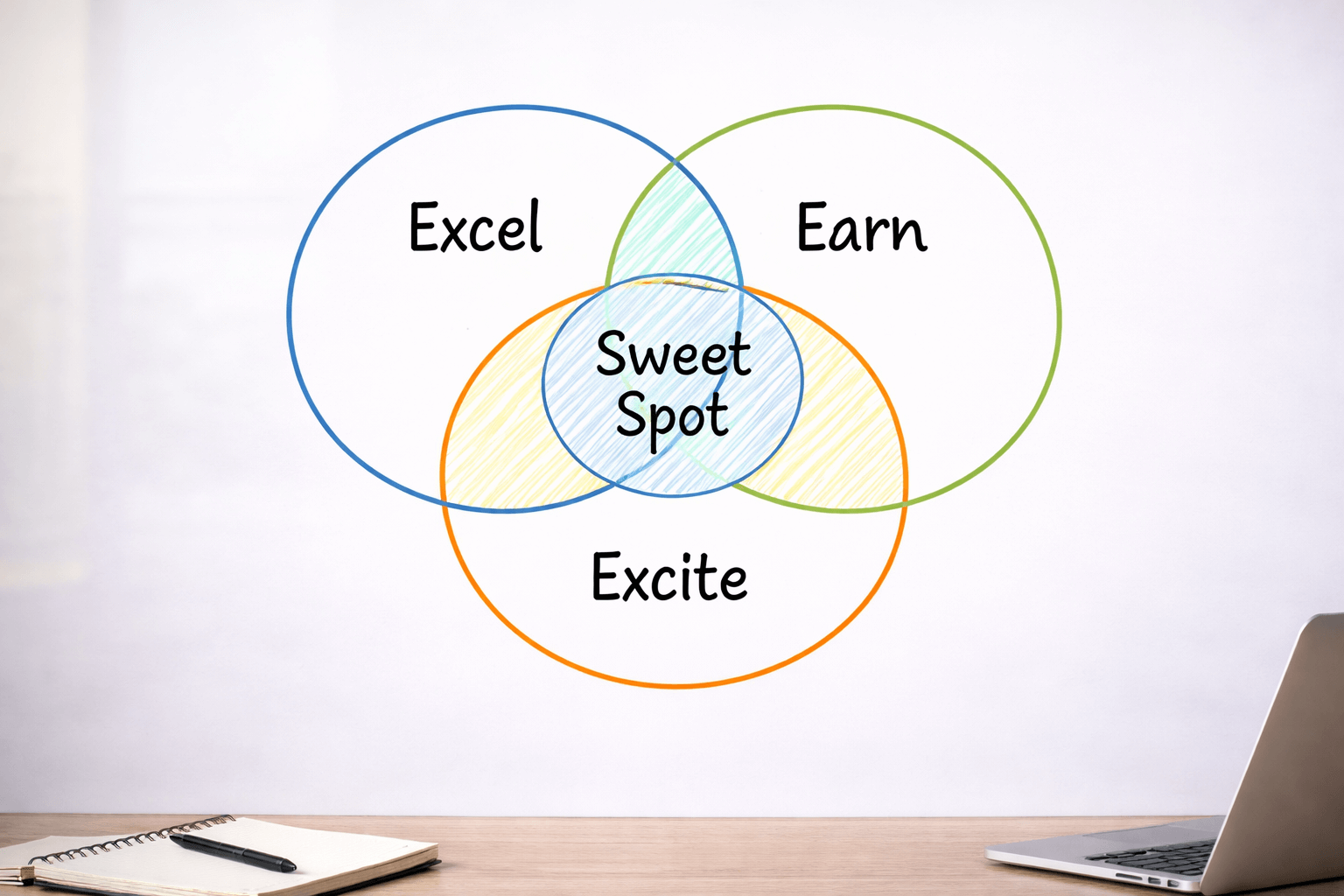 Photorealistic image of a clean whiteboard featuring a classic three-circle Venn diagram labeled “Excel,” “Excite,” and “Earn,” with a clearly defined overlapping center representing the “Sweet Spot.” A notebook and a laptop are placed on the desk below, set in a bright modern workspace with a strategic and minimalist style.