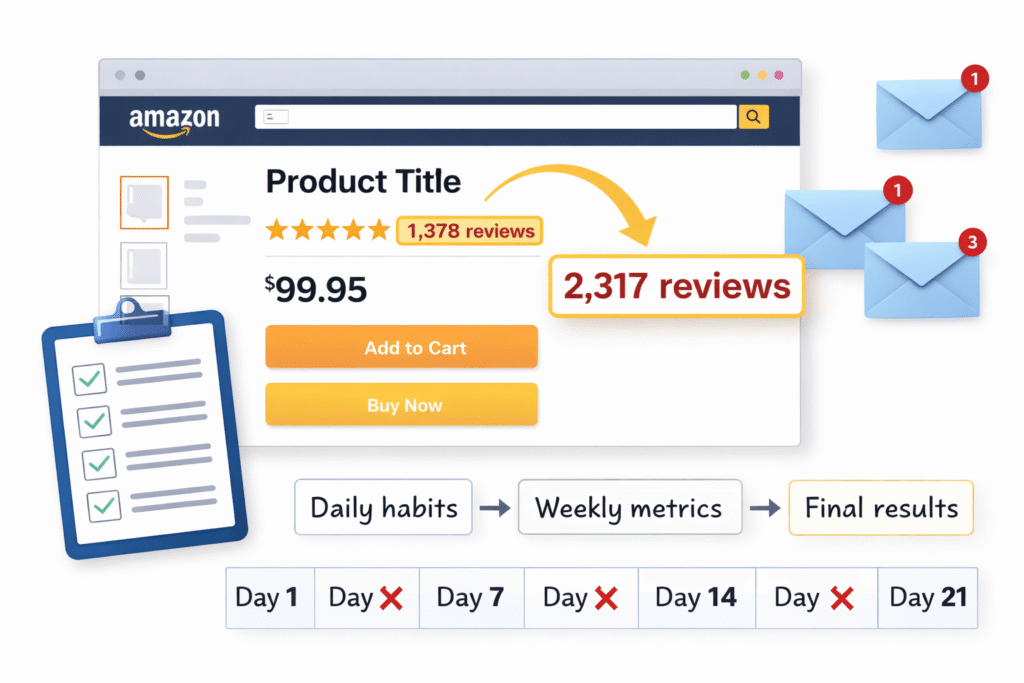 A stylized screenshot illustration of an Amazon product listing shows a mock product titled “Product Title” with a price of $99.95 and orange “Add to Cart” and “Buy Now” buttons. The review count is highlighted, showing growth from 1,378 to 2,317 reviews with a large yellow arrow. To the left, a clipboard checklist has green checkmarks. On the right, three blue email icons display red notification badges. Below the listing, a progress diagram shows “Daily habits → Weekly metrics → Final results” and a calendar row marked with days 1, 7, 14, and 21, tracking consistent action over three weeks.