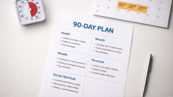 Quit faster ship sooner think longer 90 day plan worksheet with timer and calendar creation blocks on a clean desk.