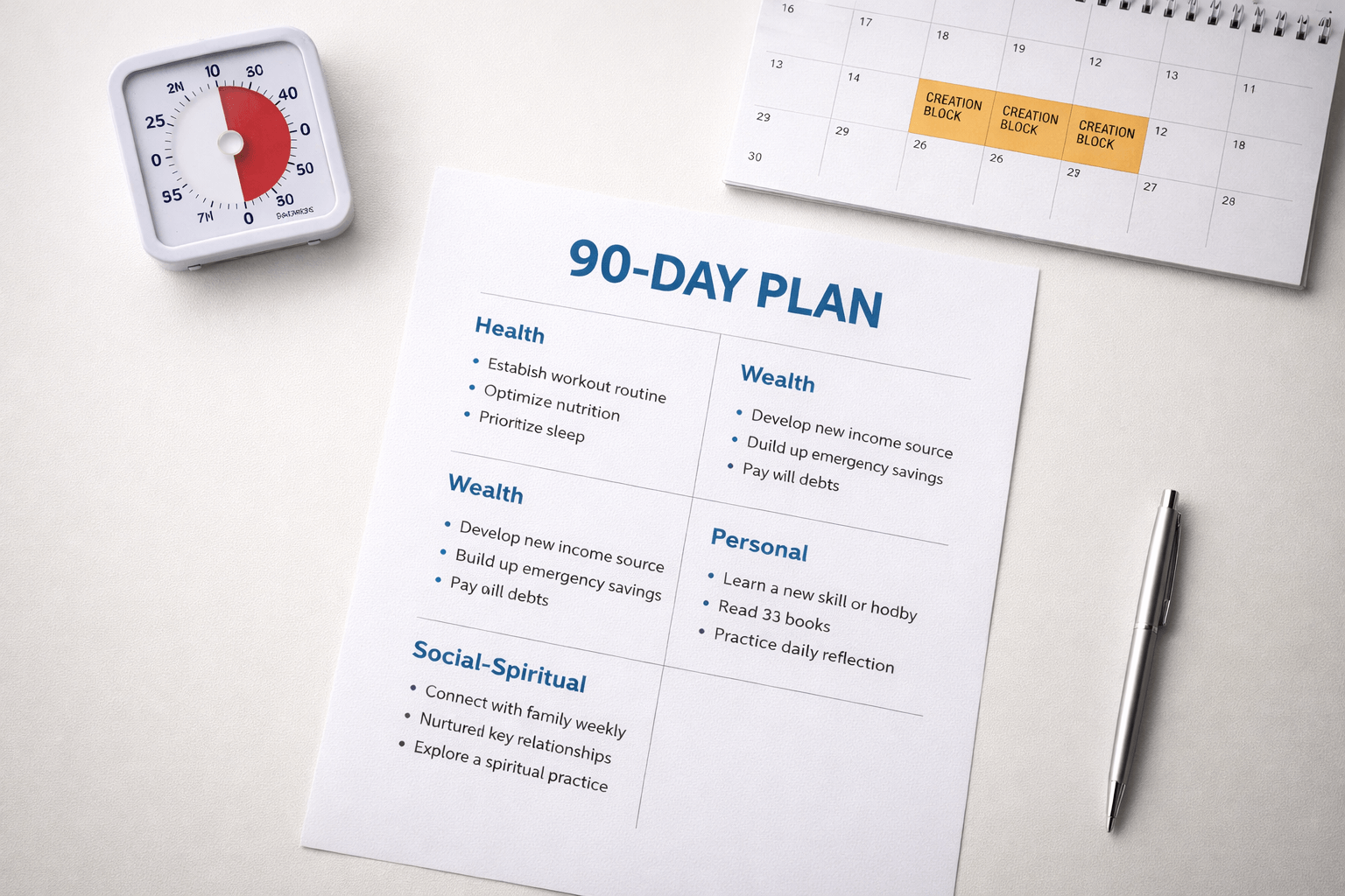 Quit faster ship sooner think longer 90 day plan worksheet with timer and calendar creation blocks on a clean desk.