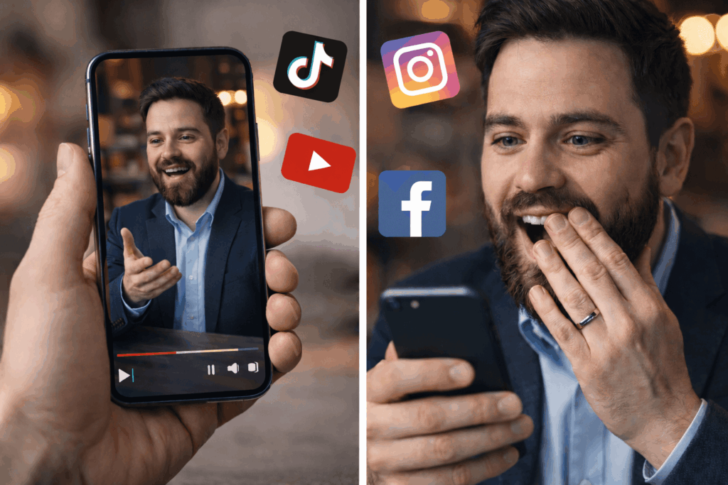 A split-screen image shows a bearded man reacting to a viral video on his smartphone. On the left side, the man appears on the screen of another phone, speaking enthusiastically in a video clip while seated at a table. On the right side, he holds his own phone, looking surprised and delighted, with his mouth open and hand partially covering his face. Floating around the frame are colorful social media icons for TikTok, YouTube, Instagram, and Facebook, indicating the video’s viral reach across platforms.