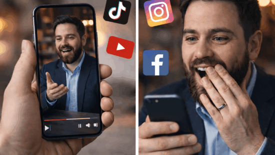 A split-screen image shows a bearded man reacting to a viral video on his smartphone. On the left side, the man appears on the screen of another phone, speaking enthusiastically in a video clip while seated at a table. On the right side, he holds his own phone, looking surprised and delighted, with his mouth open and hand partially covering his face. Floating around the frame are colorful social media icons for TikTok, YouTube, Instagram, and Facebook, indicating the video’s viral reach across platforms.