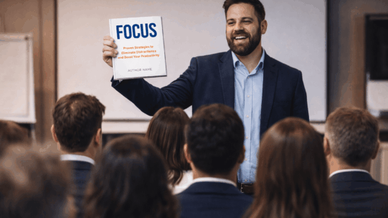 A confident male author stands at the front of a conference room, smiling as he holds up his book titled "FOCUS." He wears a navy blazer and light blue shirt, addressing an attentive audience dressed in business attire. The white book cover features a bold blue title and an orange subtitle: “Proven Strategies to Eliminate Distractions and Boost Your Productivity.” The background includes a white projection screen and flip charts, indicating a professional event or seminar setting.