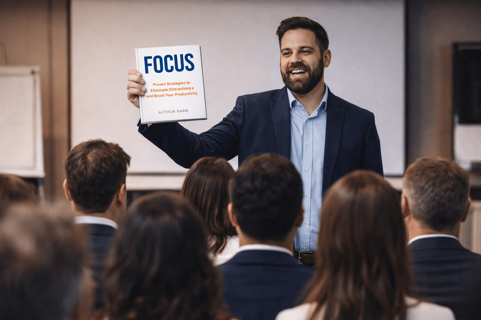 A confident male author stands at the front of a conference room, smiling as he holds up his book titled "FOCUS." He wears a navy blazer and light blue shirt, addressing an attentive audience dressed in business attire. The white book cover features a bold blue title and an orange subtitle: “Proven Strategies to Eliminate Distractions and Boost Your Productivity.” The background includes a white projection screen and flip charts, indicating a professional event or seminar setting.