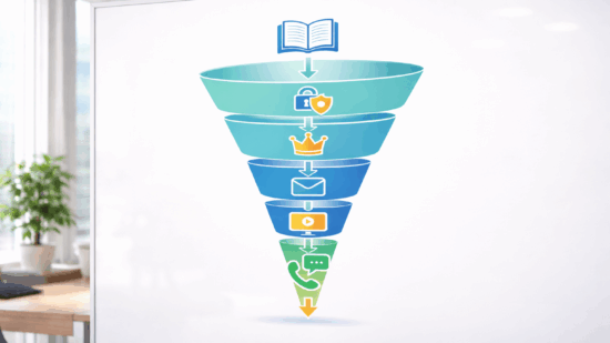 a modern office whiteboard featuring a hand-drawn sales funnel diagram. A book sits at the top of the funnel with icons flowing downward for trust, authority, email, webinar, and strategy call. The clean workspace, natural lighting, and professional layout convey a strategic publishing-to-business conversion process.