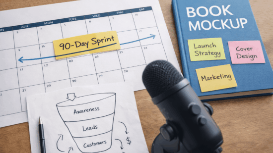 Overhead view of a wooden desk with a calendar marked “90-Day Sprint,” a book mockup labeled with sticky notes for Launch Strategy, Cover Design, and Marketing, a hand-drawn marketing funnel sketch, and a podcast microphone, representing a strategic book launch and content marketing plan.
