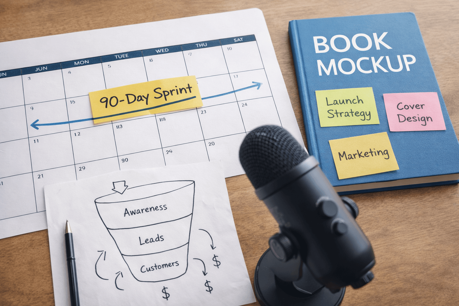 Overhead view of a wooden desk with a calendar marked “90-Day Sprint,” a book mockup labeled with sticky notes for Launch Strategy, Cover Design, and Marketing, a hand-drawn marketing funnel sketch, and a podcast microphone, representing a strategic book launch and content marketing plan.