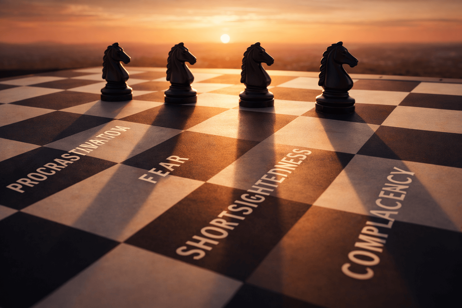 Four horsemen business mistakes shown as four black knight chess pieces on a chessboard at sunset with labels procrastination fear shortsightedness and complacency.