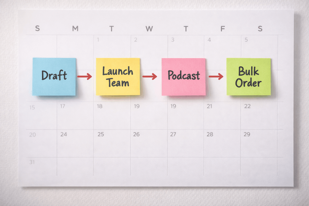 Future self playbook planning board with sticky notes to write, launch, and scale