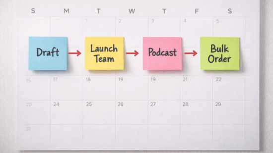 Photorealistic image of a clean wall calendar with colorful sticky notes labeled “Draft,” “Launch Team,” “Podcast,” and “Bulk Order,” connected by forward-pointing arrows. Set against a neutral background with a bright, minimal color palette, the scene conveys strategic book launch planning in a modern, organized style.