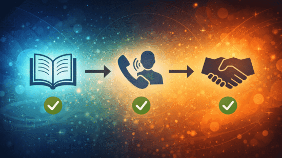 A vibrant horizontal flow diagram set against a glowing abstract background with swirling particles and soft light gradients transitioning from blue to orange. The diagram features three large icons: an open book on the left, a person with a phone in the center, and a handshake on the right. Each icon is marked with a green checkmark below it. Black arrows connect the icons from left to right, illustrating a clear three-step process. The background includes faint geometric shapes, sparkles, and curved lines, giving the image a dynamic and futuristic feel.
