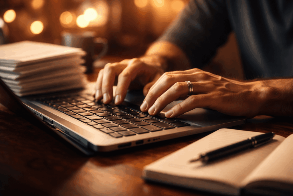 Hands typing on a laptop writing a nonfiction book manuscript, with a notebook, pen, and stacked pages on a warm lit desk