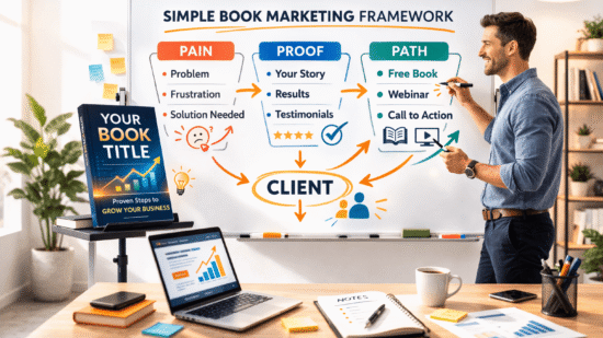 Marketer points at a whiteboard framework labeled Pain, Proof, and Path, with a book cover mockup displayed nearby in a modern office.