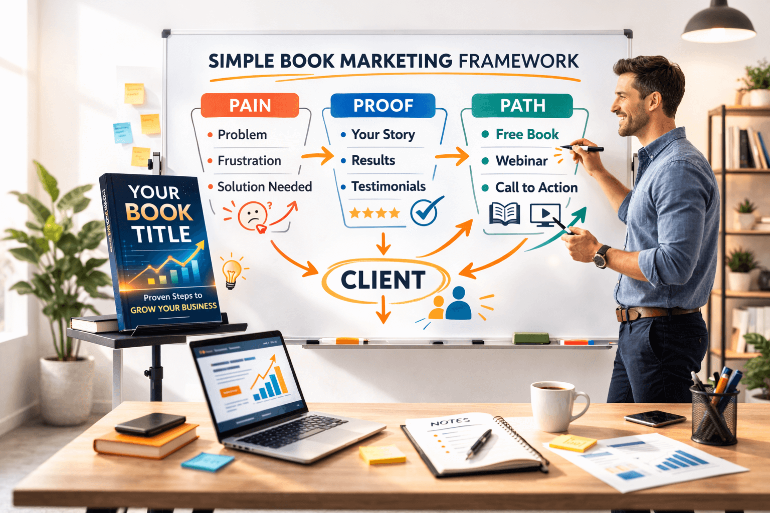 Marketer points at a whiteboard framework labeled Pain, Proof, and Path, with a book cover mockup displayed nearby in a modern office.