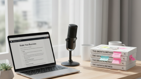 A bright and airy wooden desk sits bathed in natural light from a nearby window with soft white curtains. On the left, a sleek open laptop displays a webinar slide titled "Scale Your Business." In the center, a professional black podcast microphone stands on a desktop mount. To the right, a neat stack of white business books titled "THE GROWTH METHOD" is decorated with several colorful pink and yellow sticky notes, some featuring handwritten names like "Sarah" and "Jason." A small potted succulent and a white coffee mug complete the modern, organized workspace, conveying a sense of active entrepreneurship and content creation.