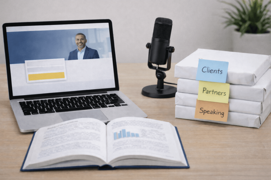 Clean desk setup with a laptop showing a text free webinar signup layout, an open business book, a microphone, and a stack of wrapped books labeled Clients, Partners, and Speaking.