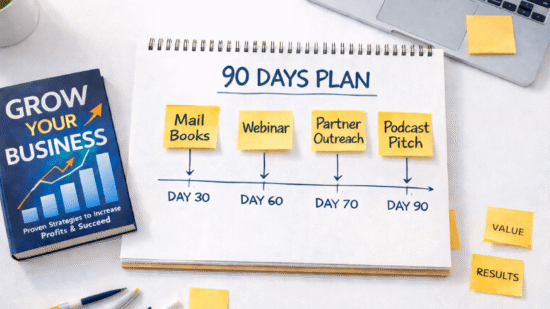 Top down desk scene showing a 90 days plan with sticky notes for Mail Books, Webinar, Partner Outreach, and Podcast Pitch, alongside a business book and a laptop.