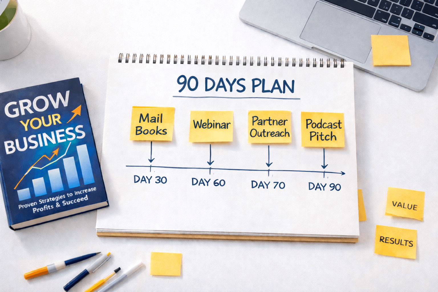 Top down desk scene showing a 90 days plan with sticky notes for Mail Books, Webinar, Partner Outreach, and Podcast Pitch, alongside a business book and a laptop.