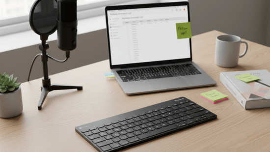 A clean, minimalist desk scene is captured from a high-angle perspective, showing a productive professional workspace. In the foreground, a sleek black wireless keyboard sits centered on a light-toned wooden desk. To the left, a professional black podcast microphone with a pop filter is mounted on a small tripod stand next to a tiny potted succulent. In the background, a laptop is open, displaying a spreadsheet titled "Podcast Outreach List," with a bright green sticky note labeled "Follow up!" attached to the screen. To the right of the laptop, there is a white ceramic coffee mug and a hardcover book with another green sticky note on its cover. The entire scene is brightly lit by natural light coming from a large window, creating a modern and organized business aesthetic.