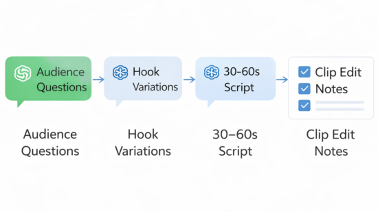 Clean four step workflow graphic with chat bubbles showing Audience Questions, Hook Variations, 30 to 60 second Script, and Clip Edit Notes with a checklist.