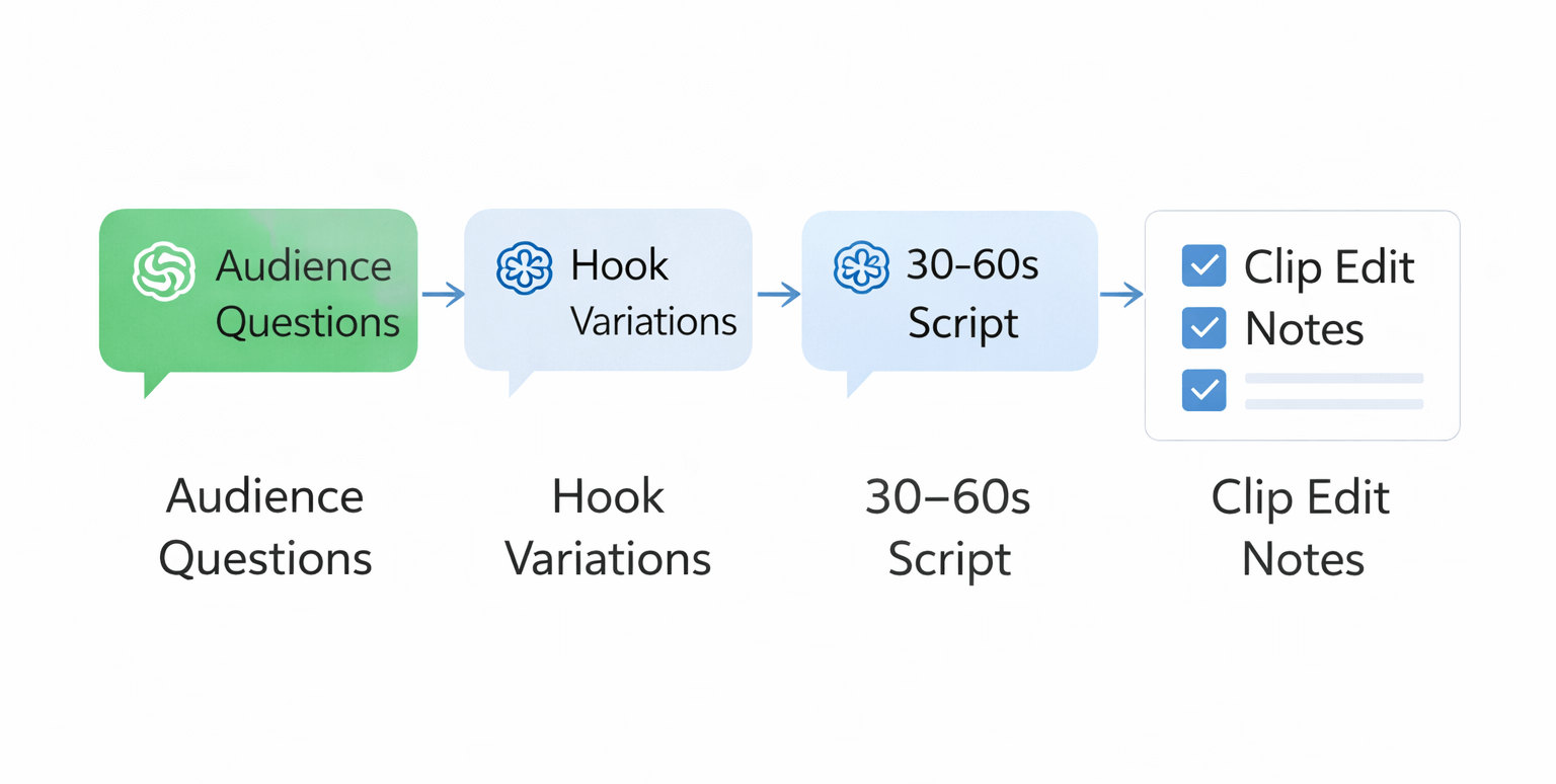 Clean four step workflow graphic with chat bubbles showing Audience Questions, Hook Variations, 30 to 60 second Script, and Clip Edit Notes with a checklist.