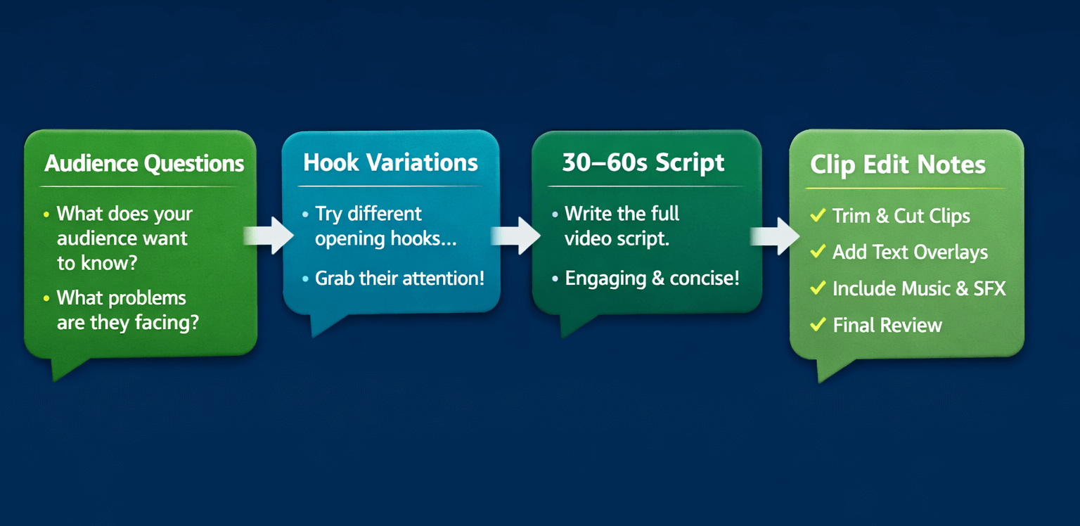 Graphic titled Prompt to Script Workflow on a dark blue background, showing four chat bubbles connected left to right by arrows: Audience Questions, Hook Variations, 30 to 60 second Script, and Clip Edit Notes.