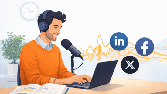 Flat illustration of a creator recording at a desk as audio waveforms flow into LinkedIn, Facebook, and X icons.